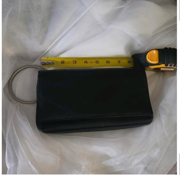 Unique Genuine black leather clutch Magnetic closure Silver O Ring Handel
