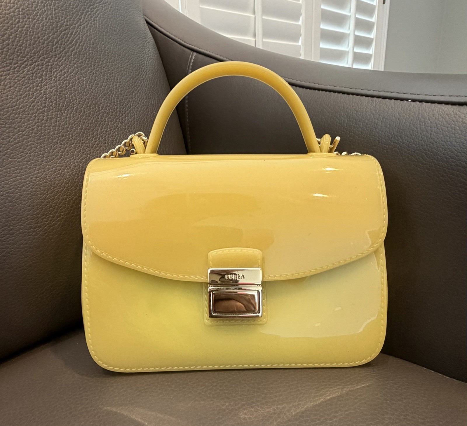 Furla Yellow Small Top Handle Bag Turn Lock w/ Detachable Chain Strap Gold