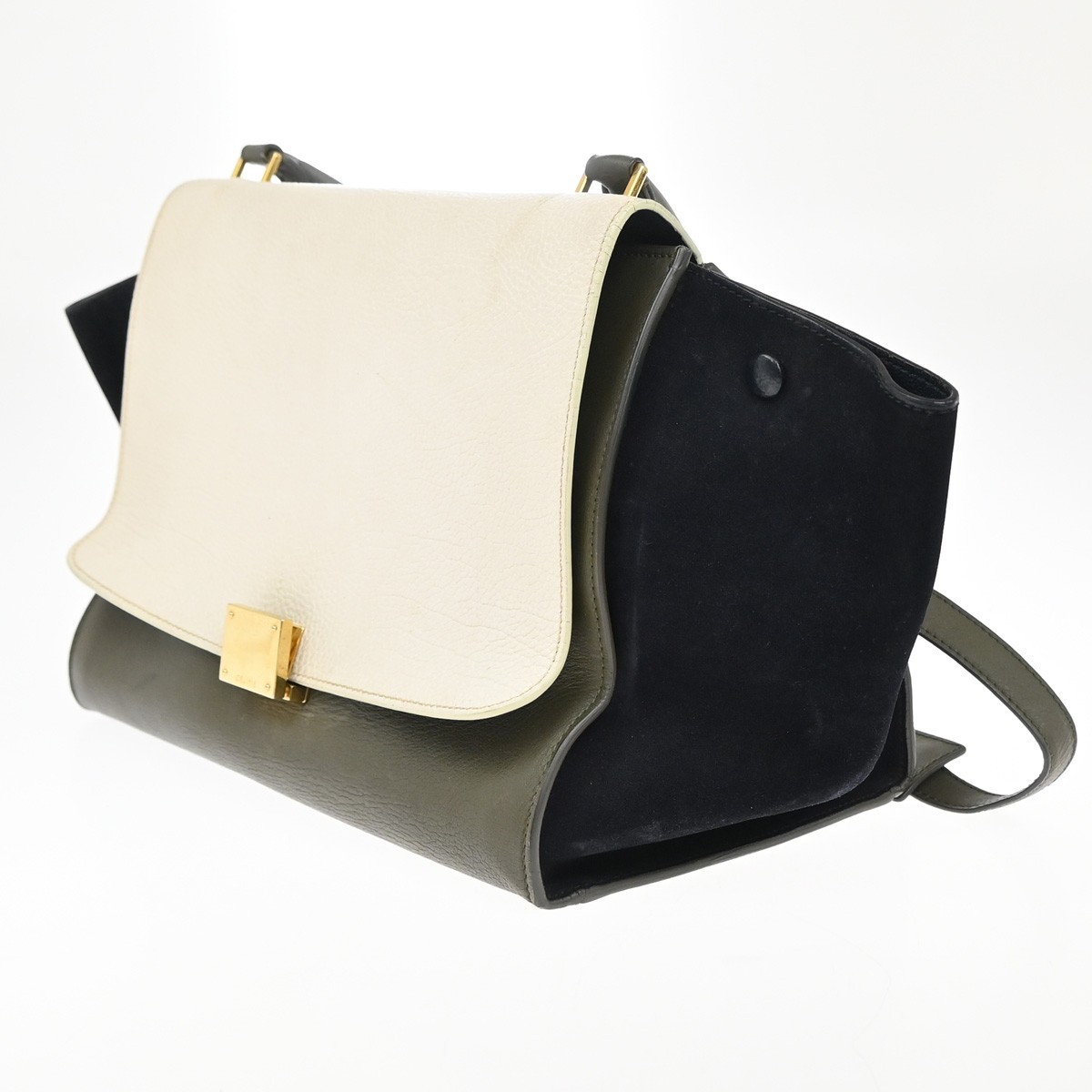 CELINE Trapeze Tricolor 2way Shoulder Bag Leather Suede Khaki White Blue 87EG174
