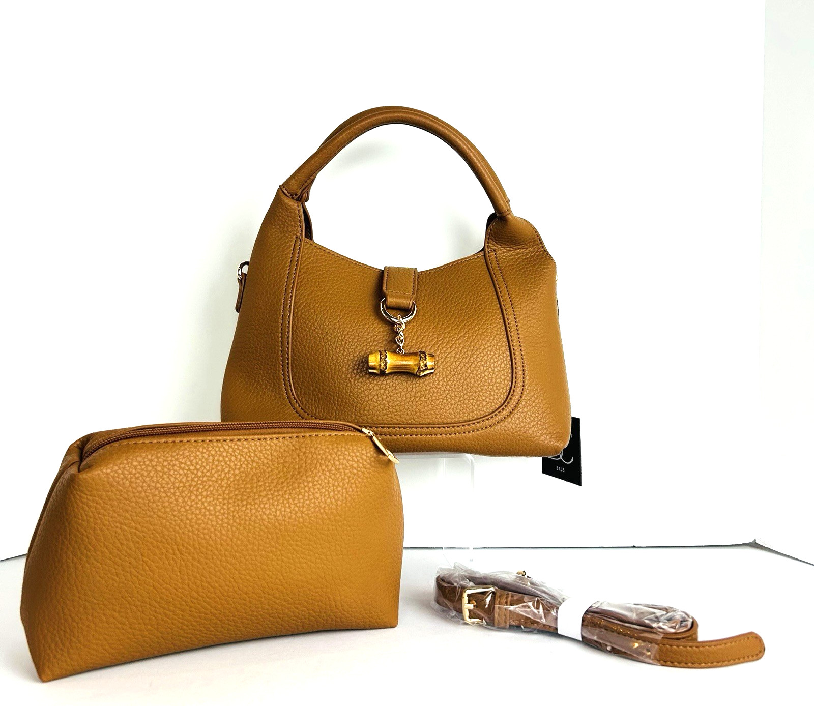 BC Bags Womens Handbag PU Pebbled Camel Matching Pouch Adjustable Strap NWT