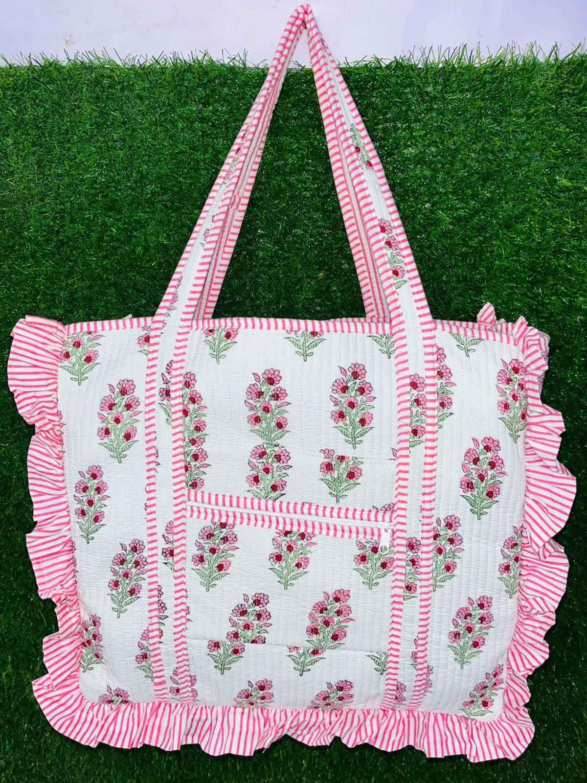 Large Cotton Quilted Frill Tote Bag Handle Grocery Bag Bag For Women Ruffle Tote