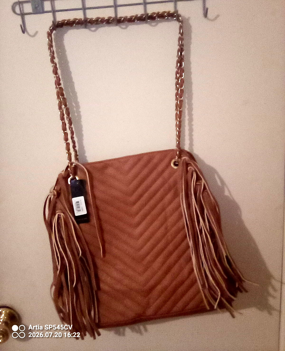 Women’s Brown Quilted Chevron Fringe Shoulder Bag, Gold Chain Strap, Lined