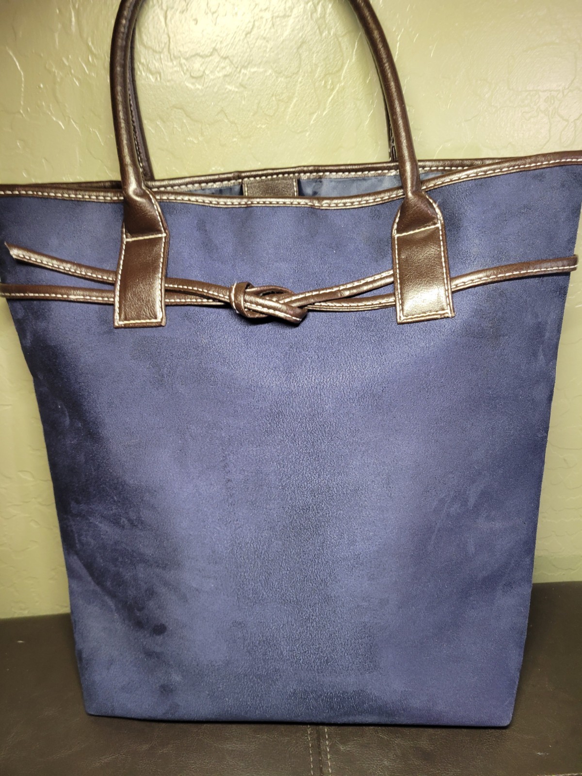 Estee Lauder Classic Faux Suede Navy Tote Bag with Brown Trim