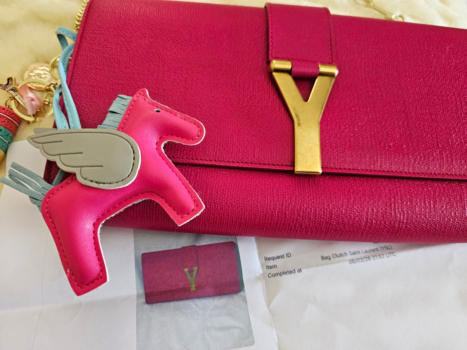 Saint Laurent Pink Clutch w/ Gold Y Logo Hardware, Chain Crossbody Strap & Lined