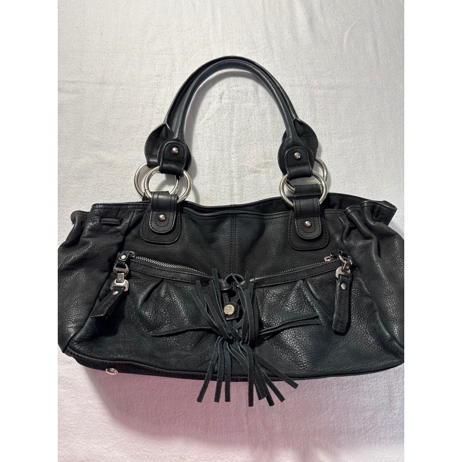 B. Makowsky Black Pebbled Leather Shoulder Bag Tassel Leopard Print Lining