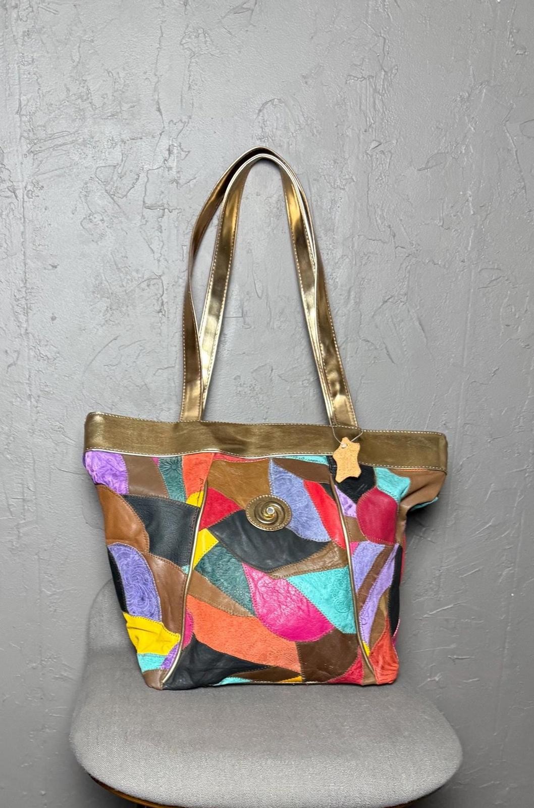 Vintage Colorful Leather Patchwork Shoulder Bag 80’s Leather x Suede Tote