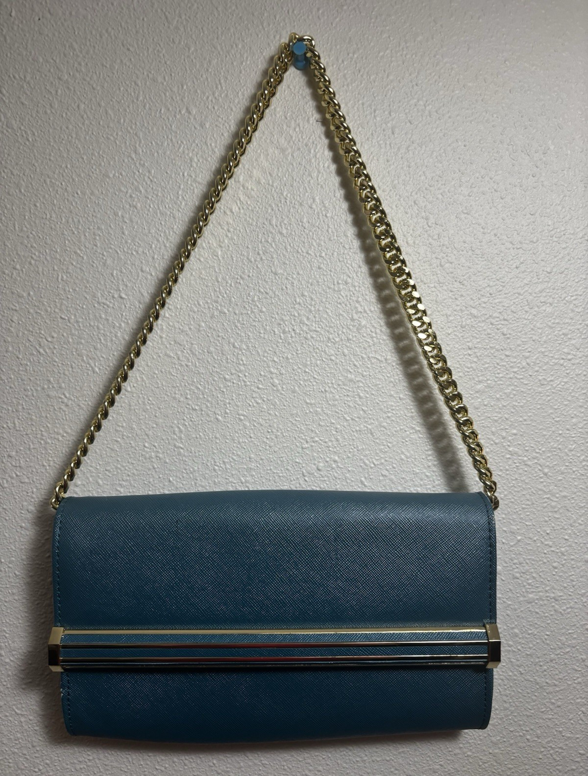 Ivanka Women’s Blue Shoulder Bag Gold Chain Strap Zip/Snap Lined Inner Pockets