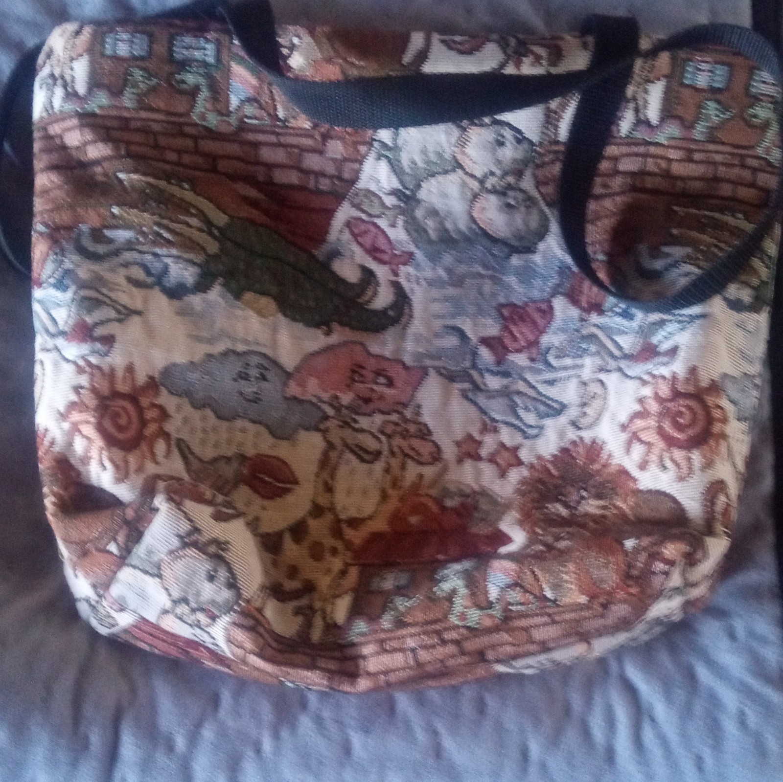 Women’s Large Tote Bag Multicolor Animal Print Tapestry Black Shoulder Straps