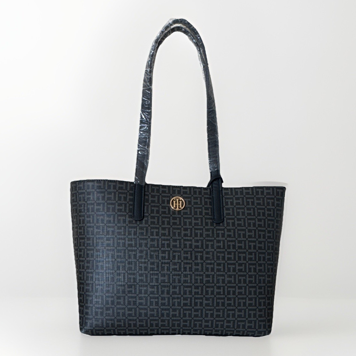 Tommy Hilfiger Black Monogram Tote Bag Zip Double Handles Gold logo