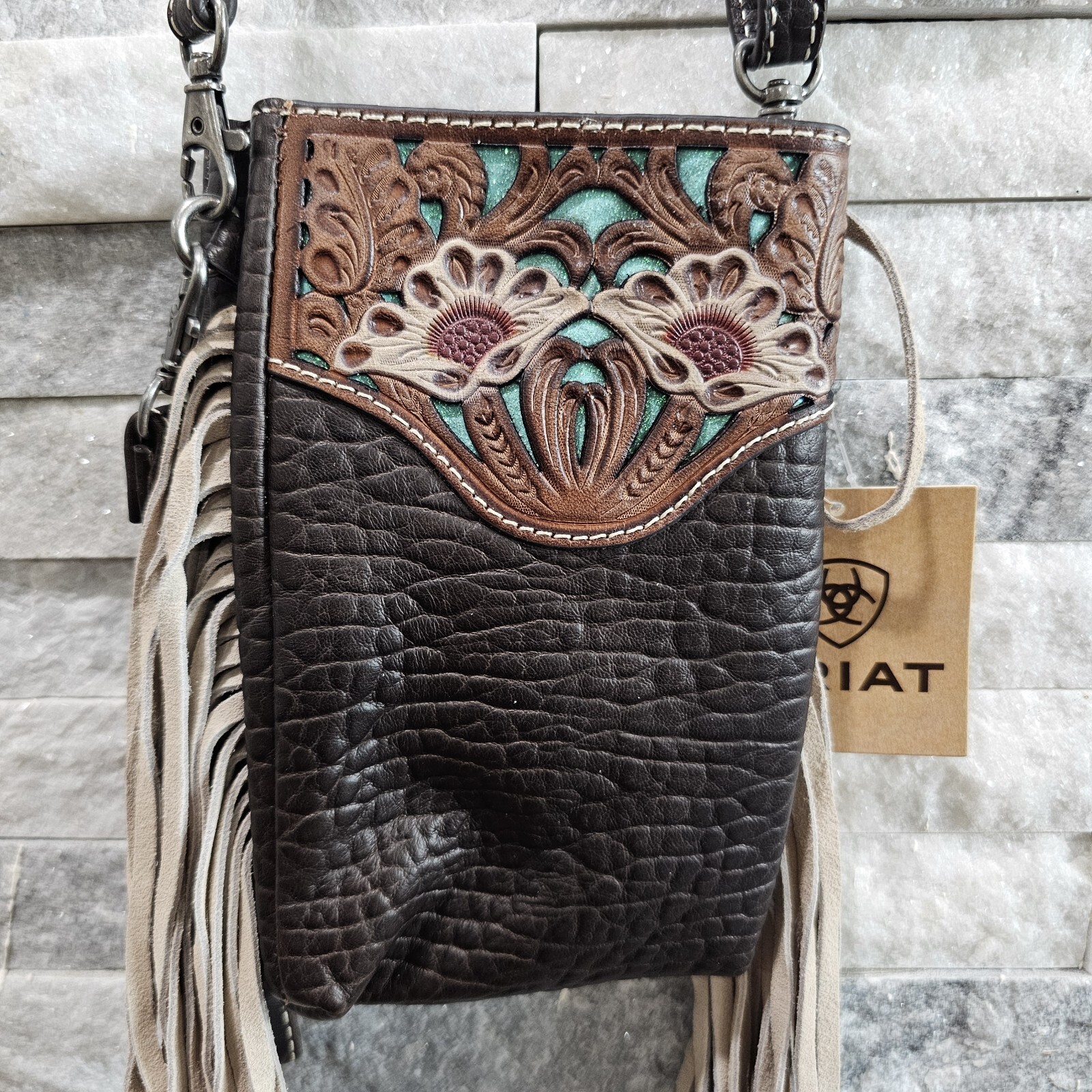 Ariat Monroe Cell Phone Crossbody Bag A770007402 NEW Brown Leather Ivory Fringe