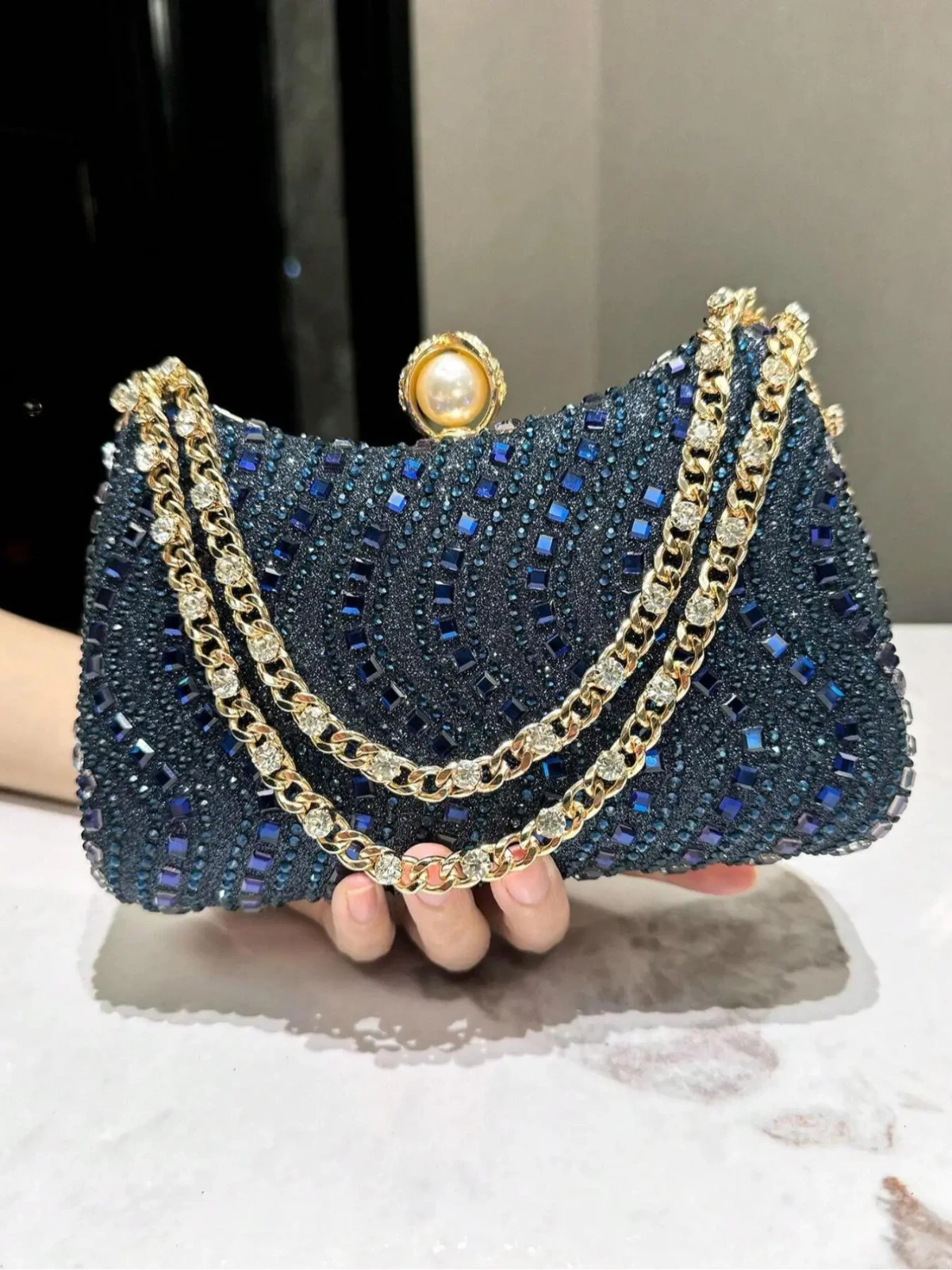 EVENING BAG- Gold Tone Rhinestone Decorated Metal Handle Clutch Purse, Luxury
