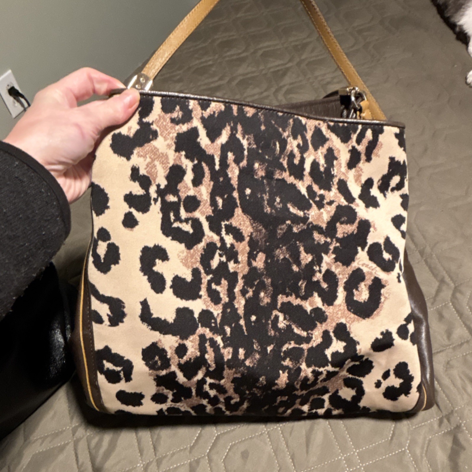 Coach Leopard Print Shoulder Bag Brown Beige Black with Logo Bag Charm