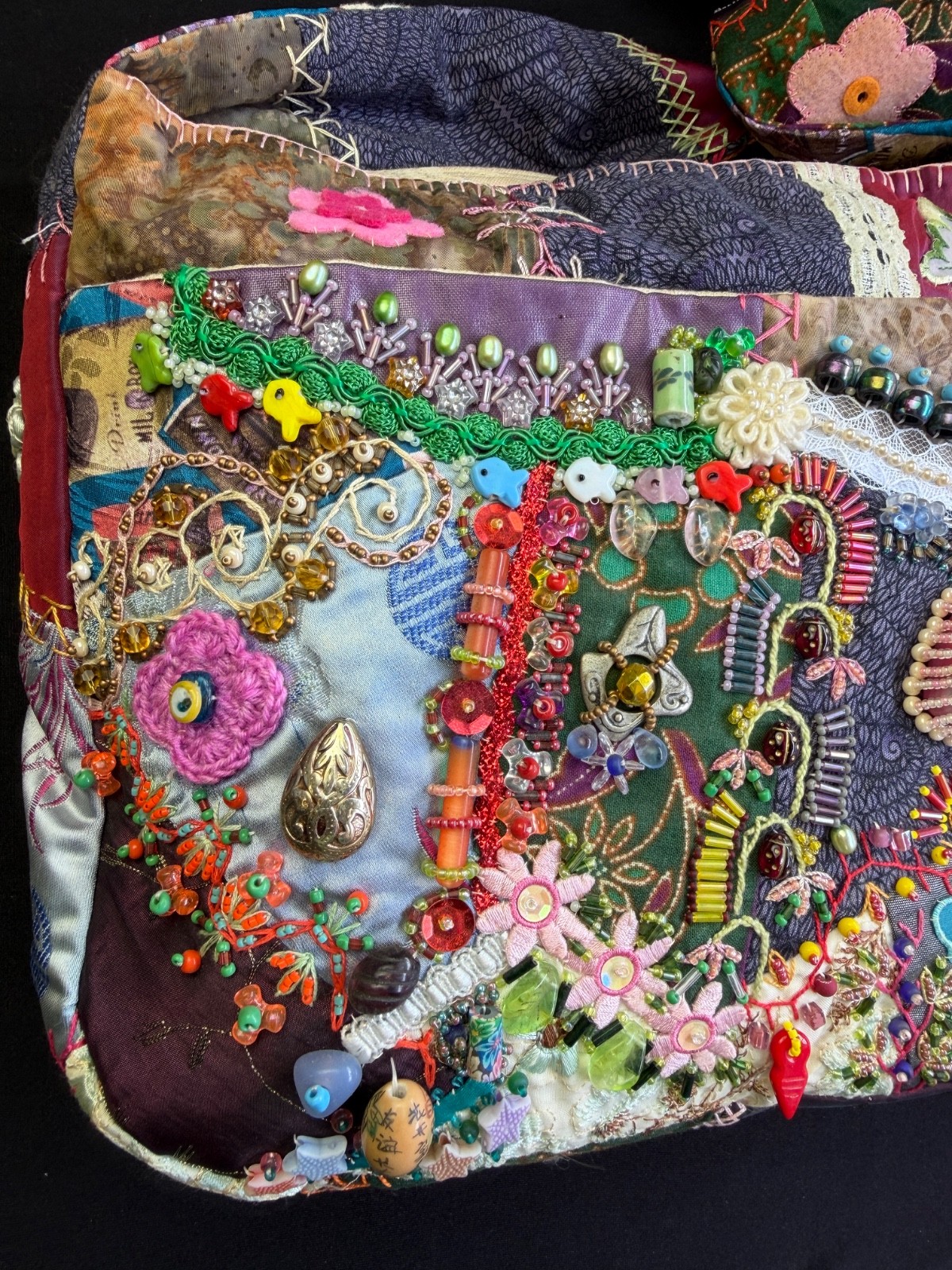 Handcrafted Boho Crazy Quilt Beaded Crossbody Bag Mixed Media Art to Wear Purse