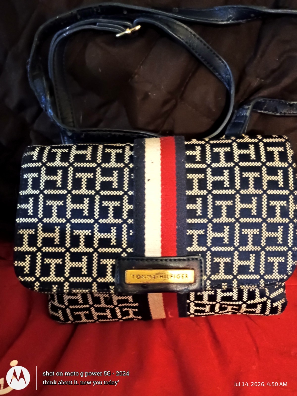 Tommy Hilfiger Navy Logo Crossbody Bag Red/White Stripe Detachable Strap