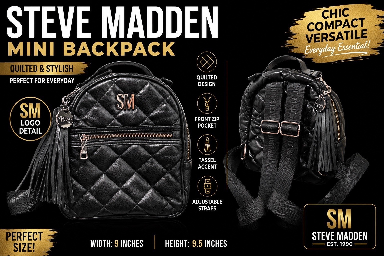 Steve Madden Mini Backpack Black Quilted Tassel Logo Zip Bag Women’s 9×9.5”