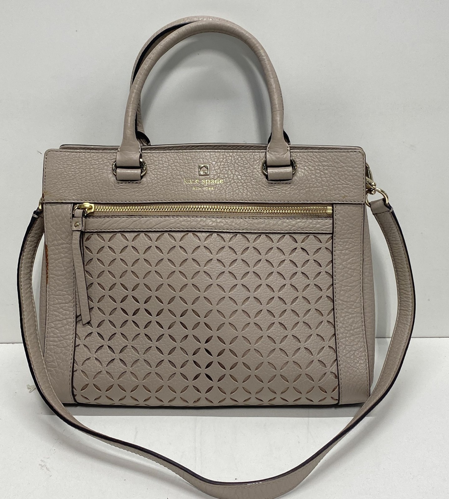 Kate Spade Taupe Pebbled Leather Laser Cut Satchel Crossbody Bag