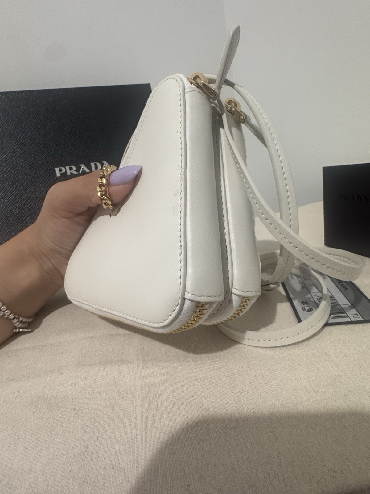 Prada Double Triangle Crochet White Bag With Two Straps