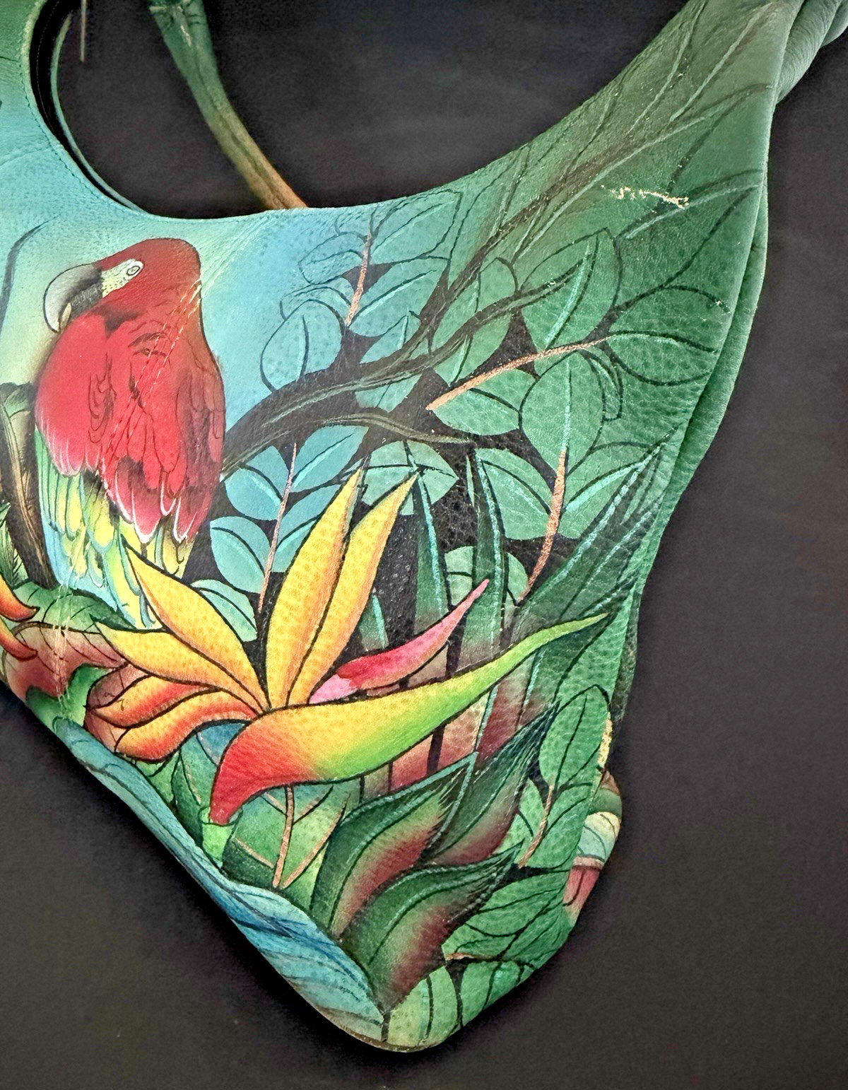 Anuschka Tropical Bliss Parrot/Toucan Birds Hand Painted Purse Shoulder Bag