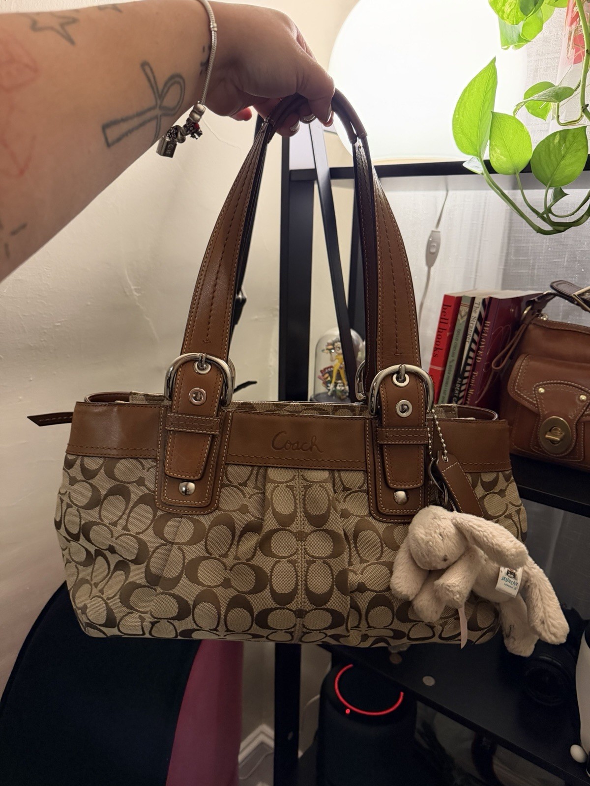 Coach Signature Logo Satchel Top Handle Bag Brown/Beige Zip Silver Charm