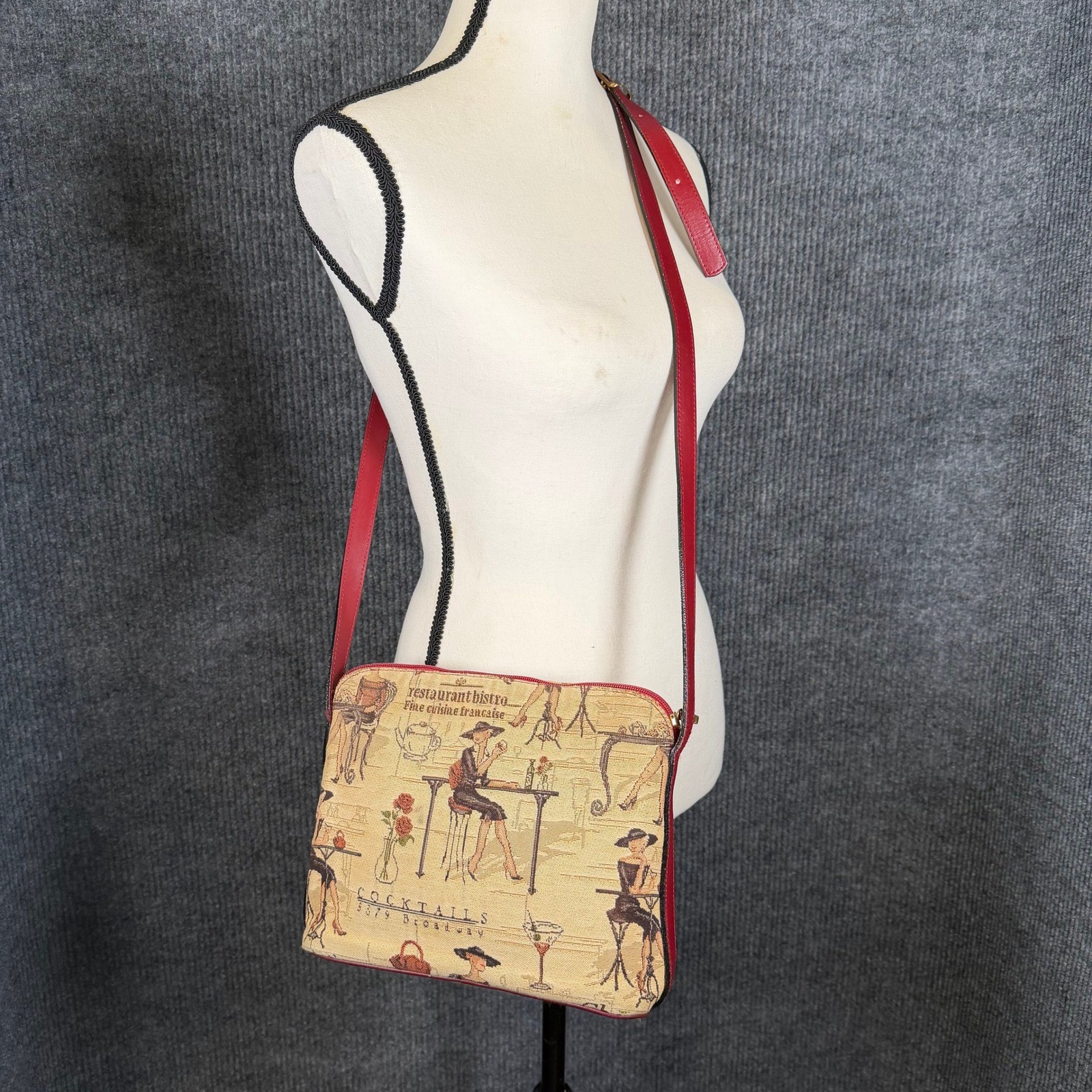 Vintage Tapestry Crossbody Bag Beige Red French Bistro Cocktails Chocolate Retro