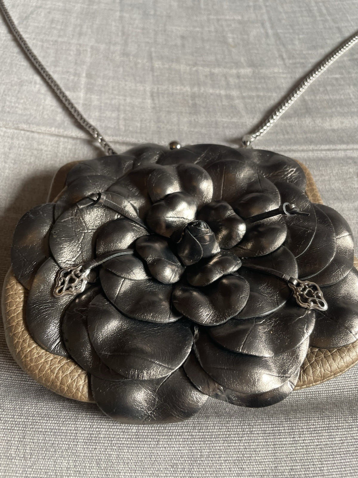 Brighton “Roselie”Metallic Pewter Leather Flower-small Purse-5”x6”-23”Strap