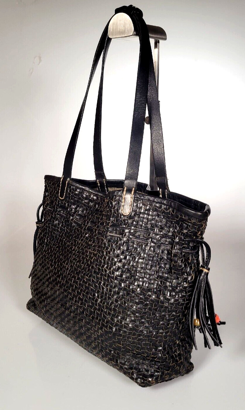 Henry Cuir Beguelin Black Woven Leather Tote Tassel Shoulder Bag Drawstrings EUC