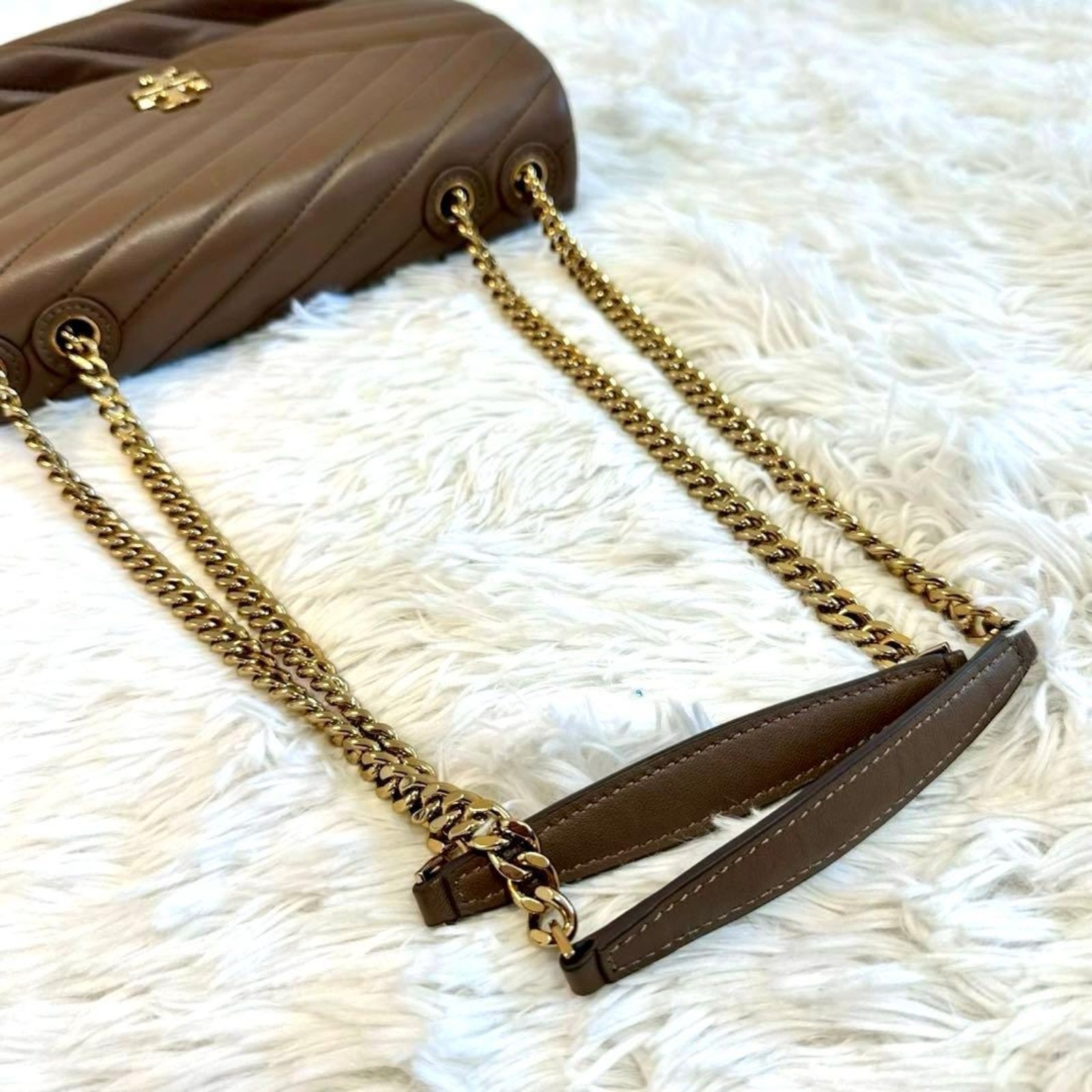 Tory Burch Kira Chevron Convertible Shoulder Bag Brown Leather Gold Chain EUC