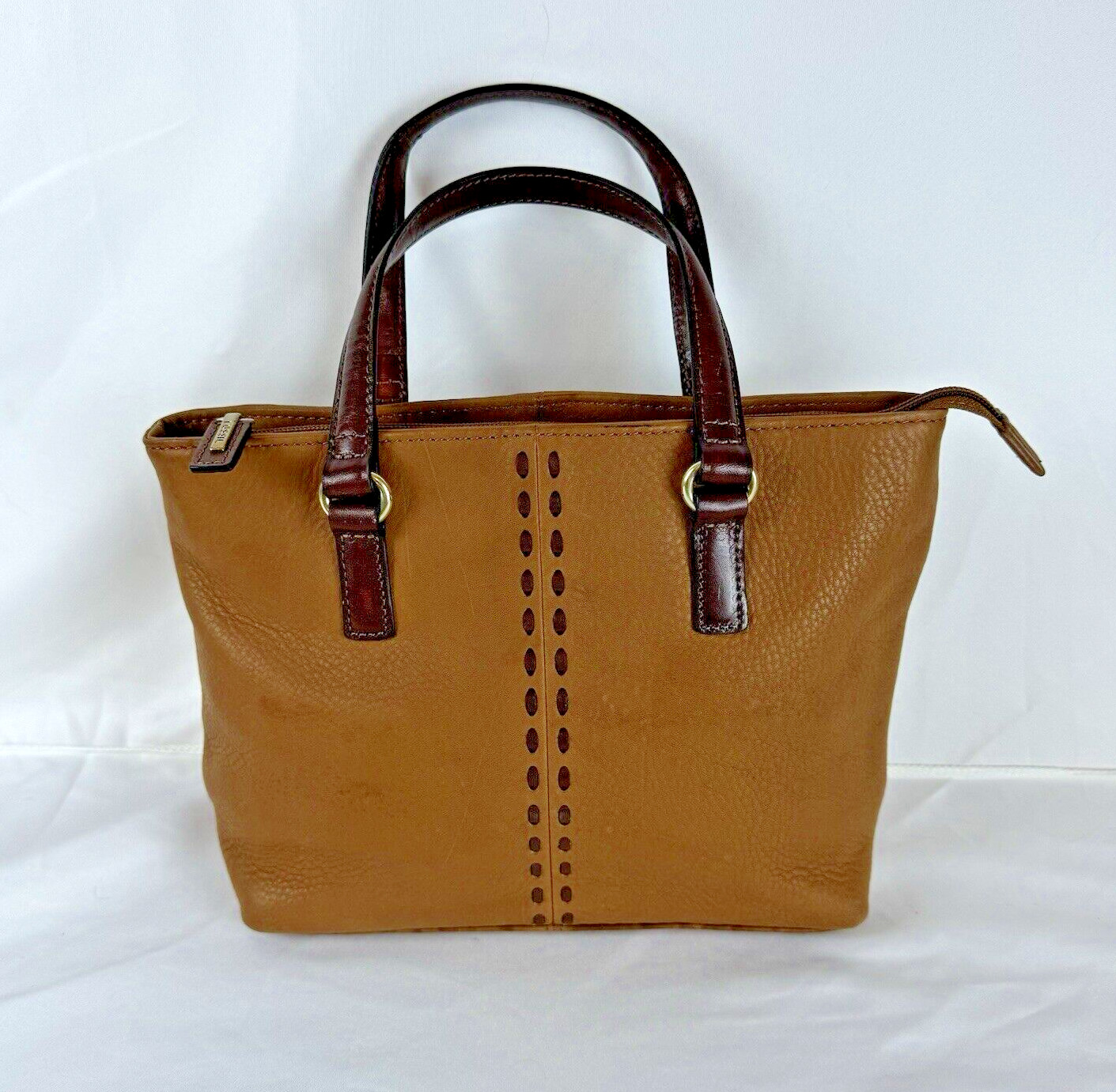Fossil Crossbody Women’s Handbag Purse ZB7013 Caramel Leather Brown Trim Zip