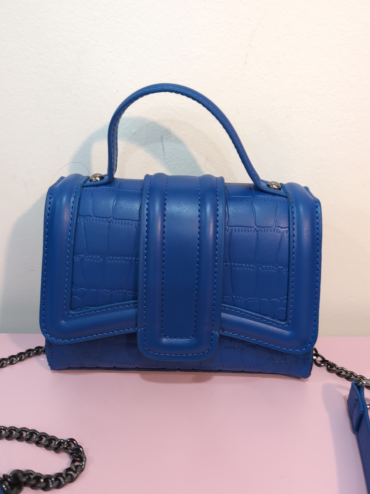 Royal Blue Embossed Small Crossbody Bag w/Chain Strap Top Handle Coquette Y2K