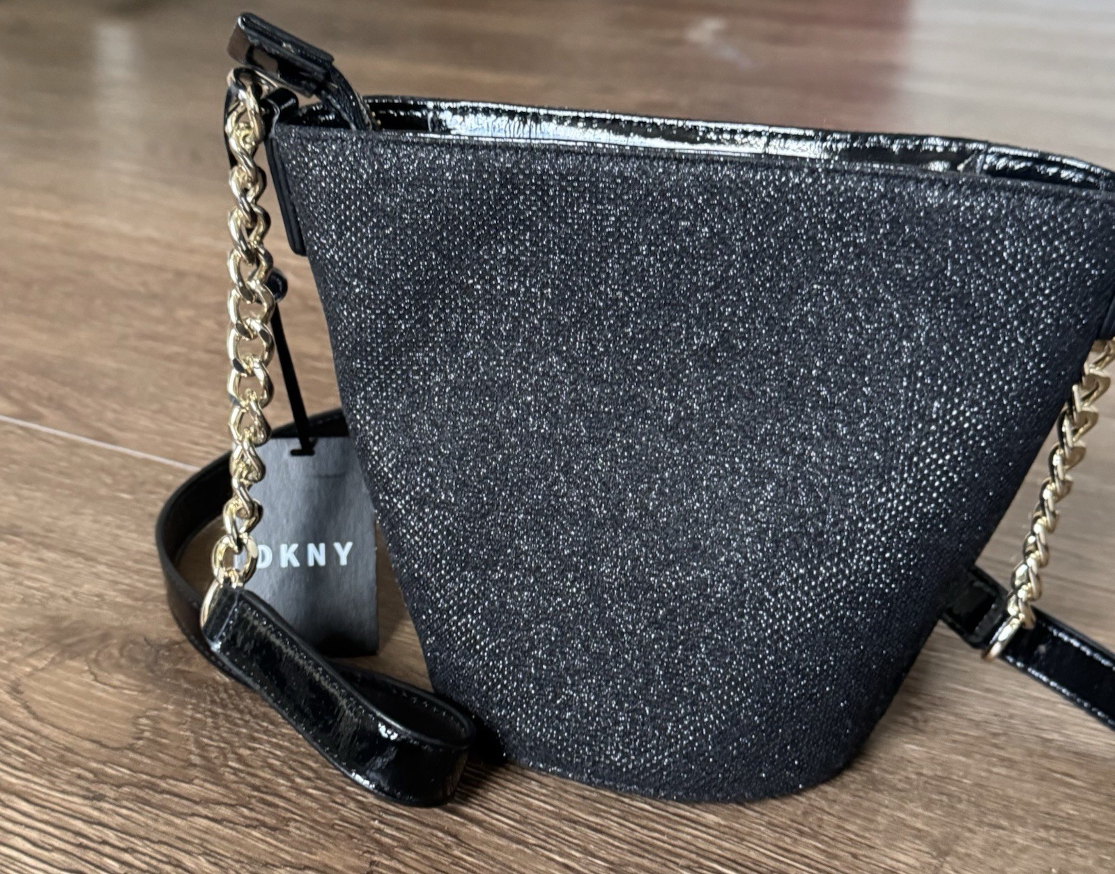 DKNY Black Textured Zip Crossbody Bag, Gold Chain Strap, Detachable, Small