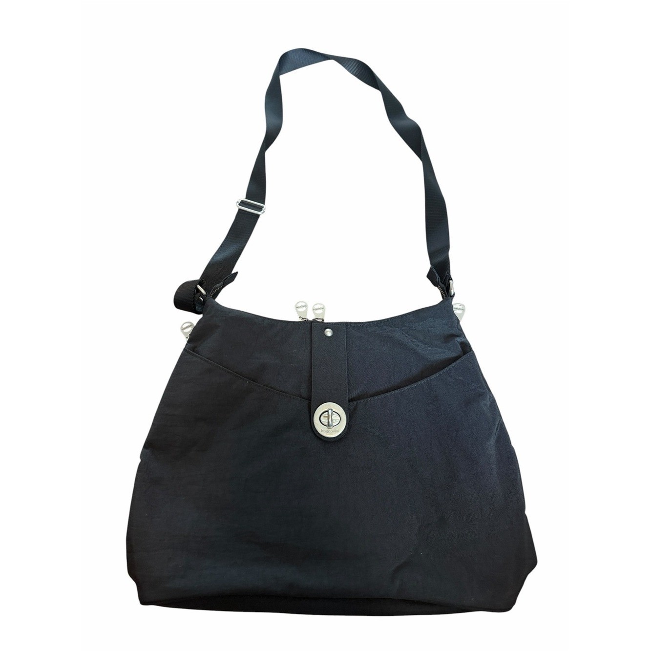 Baggallini Helenski Black Crossbody Hobo Bag Silver Hardware RFID Card Slots