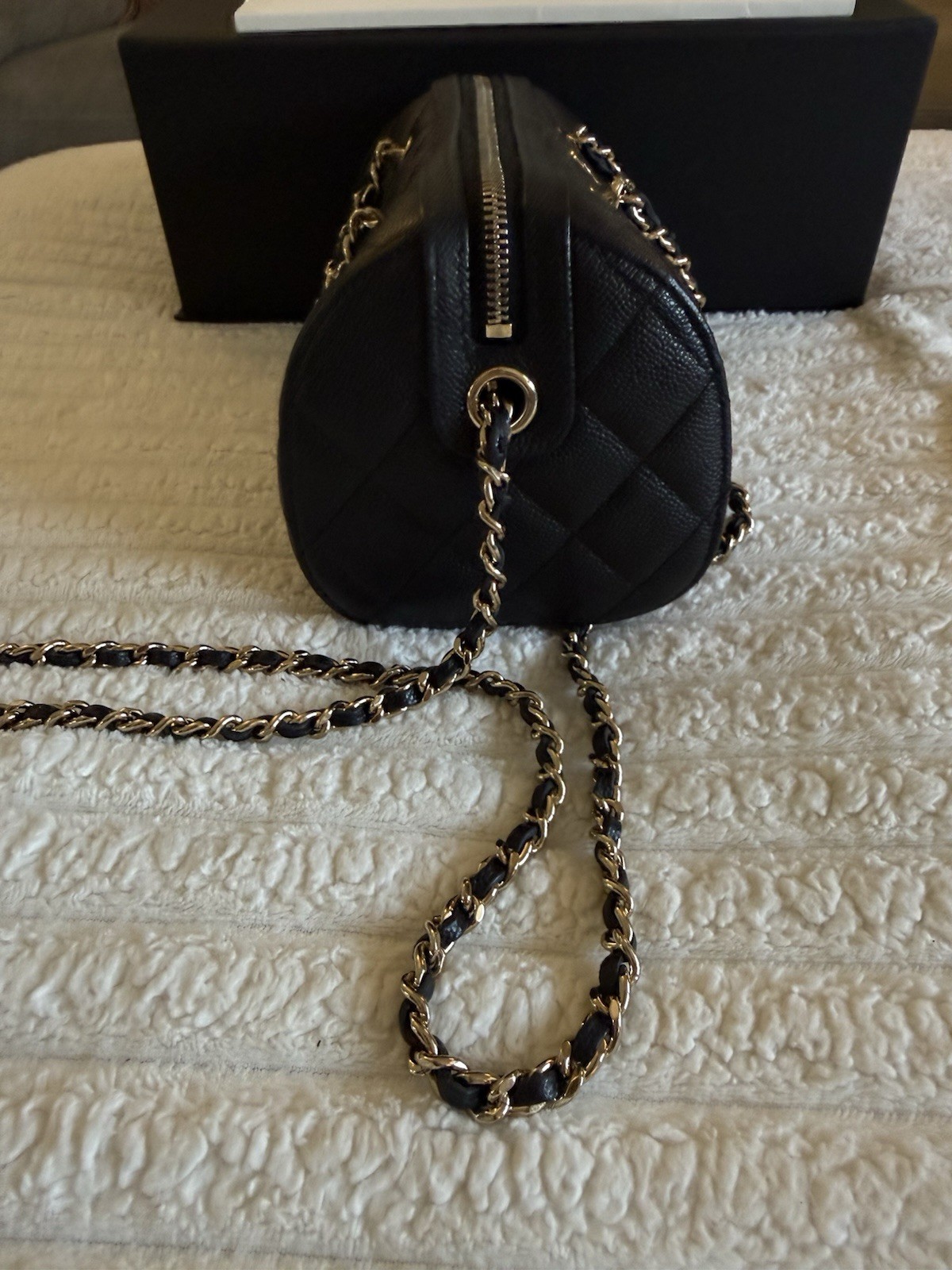 CHANEL Mini Boston CC Logo Black Caviar Leather Bag w/ Light Gold