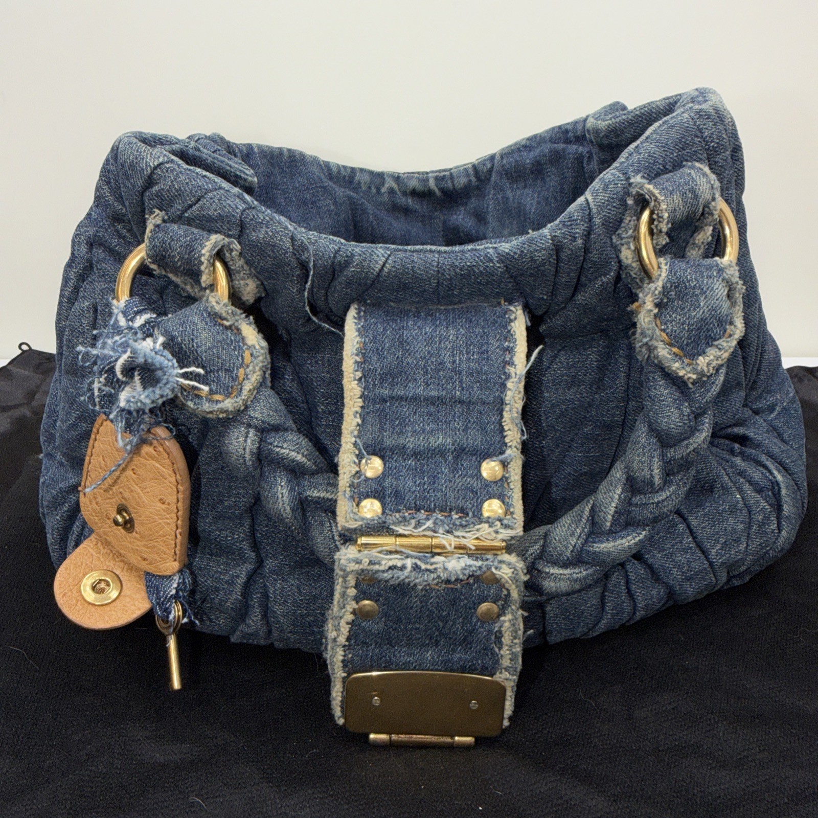 Miu Miu Bag Denim Purse Braided Quilted Small Handbag Gold Logo Hardware