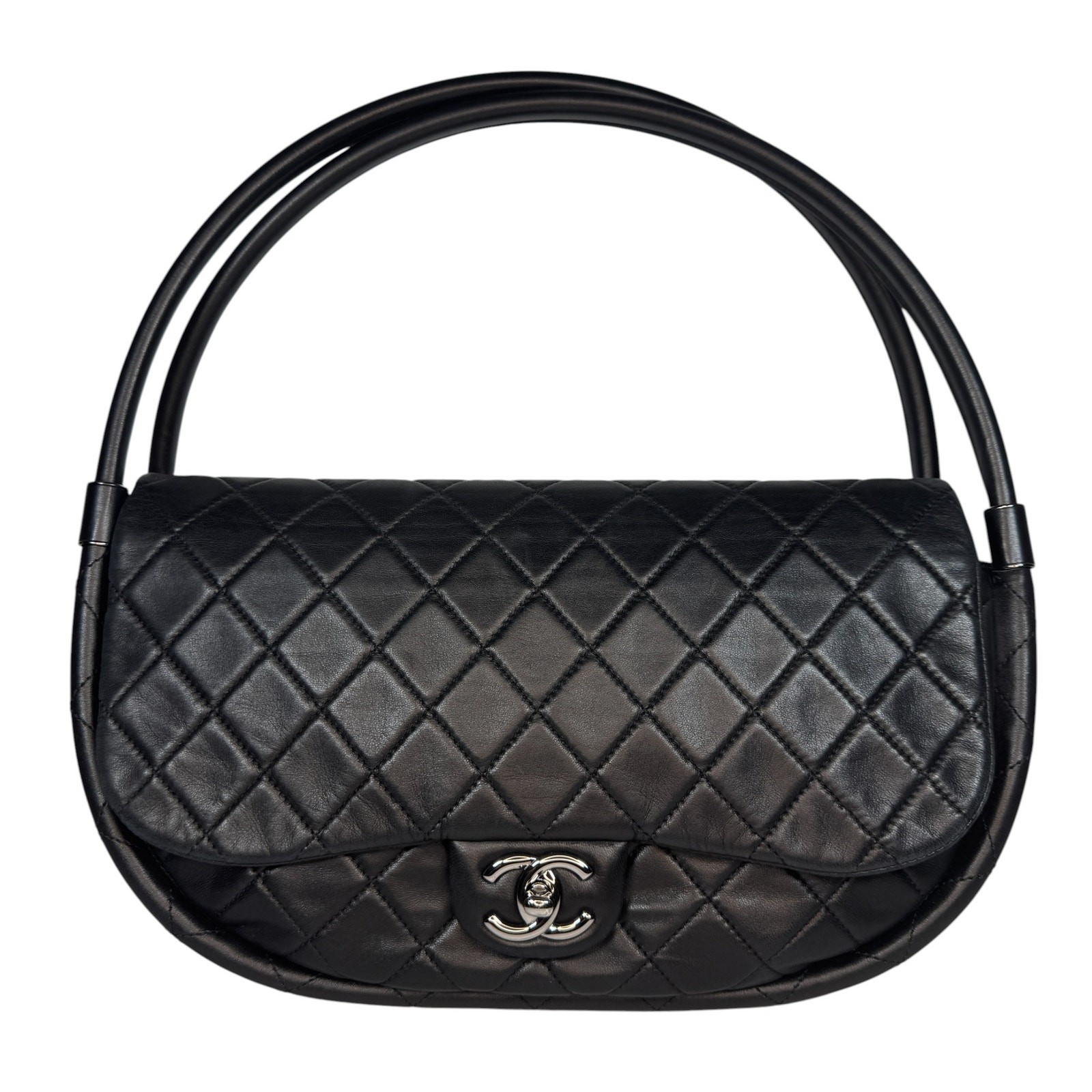 Chanel Medium Hula Hoop Bag Vintage CC Black Lambskin Flap SHW Quilted Rare
