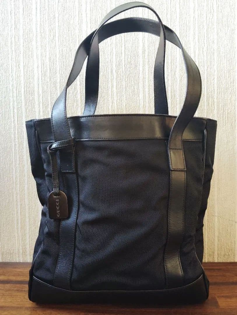 GUCCI Nylon Leather Tote Handbag Black Women Auth 11.02 x 10.23 x 4.33inch