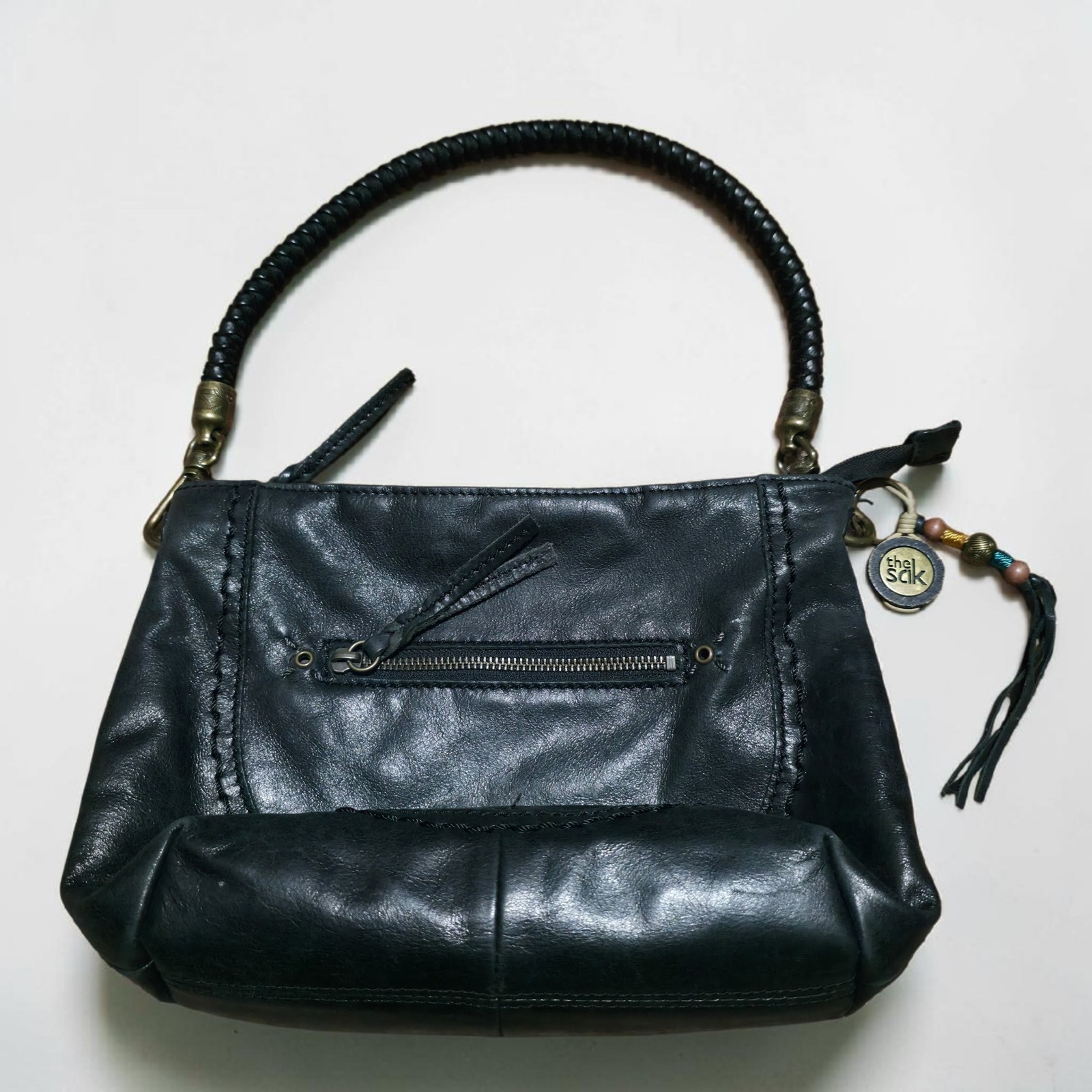 The Sak Western Black Leather Shoulder Bag Biker Purse Braided Strap Bead Fringe