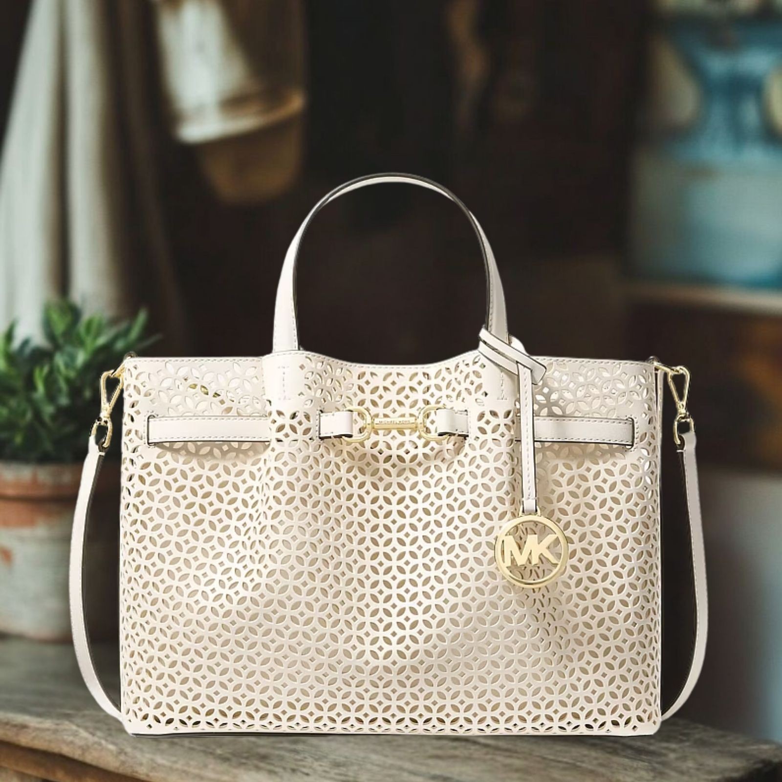 Michael Kors Carson Women Medium PU Blend Floral Laser Cut Satchel Bag Handbag