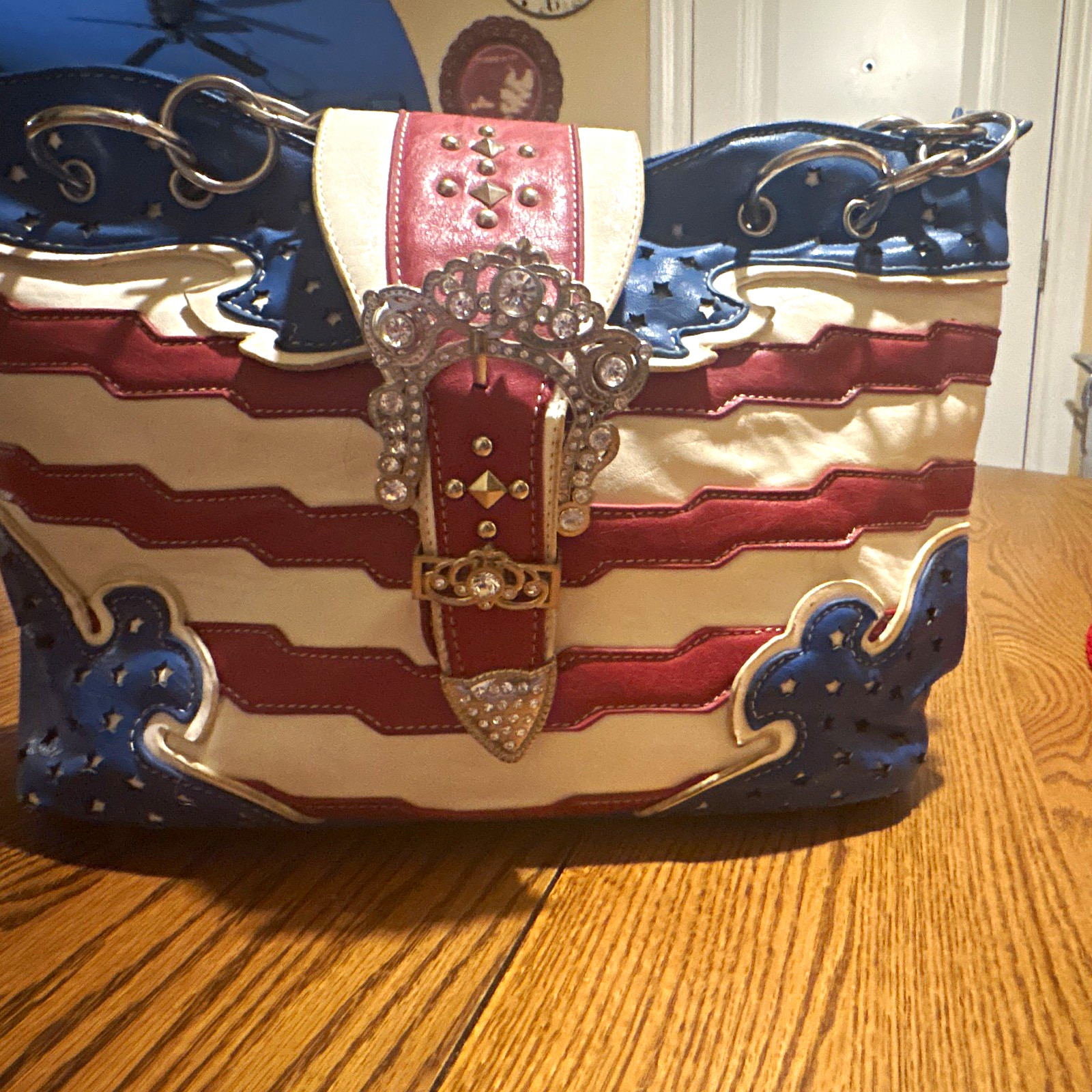 Red White & Blue Striped USA Patriotic Shoulder Bag Buckle Studded Lined