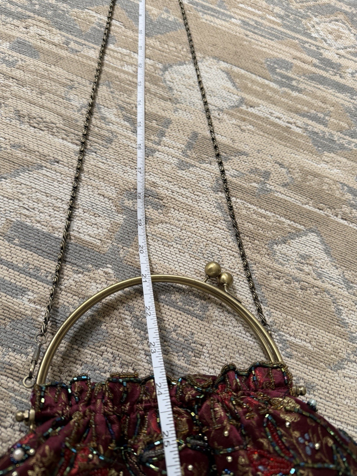 Vintage Burgundy Floral Beaded Clasp Lock Clutch Purse w/ Bronze Chain Strap
