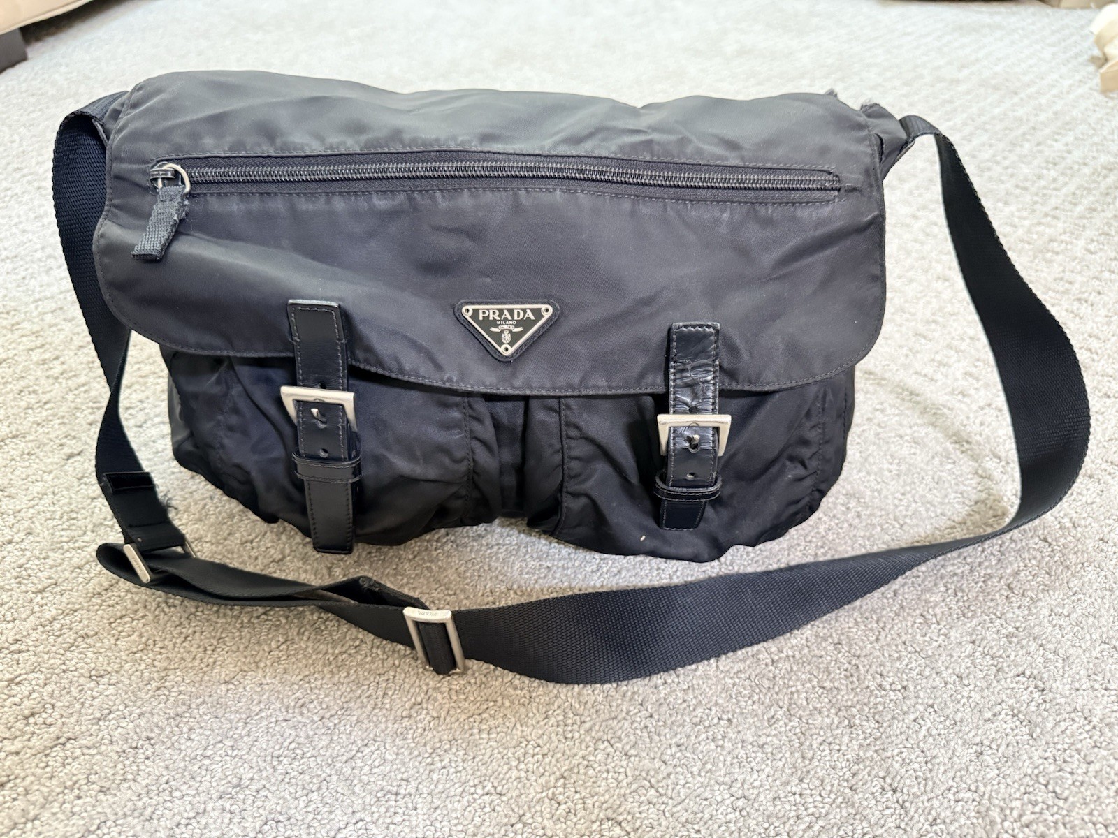 PRADA Black Messenger Shoulder Bag Adjustable Strap Buckle Zip Logo Silver