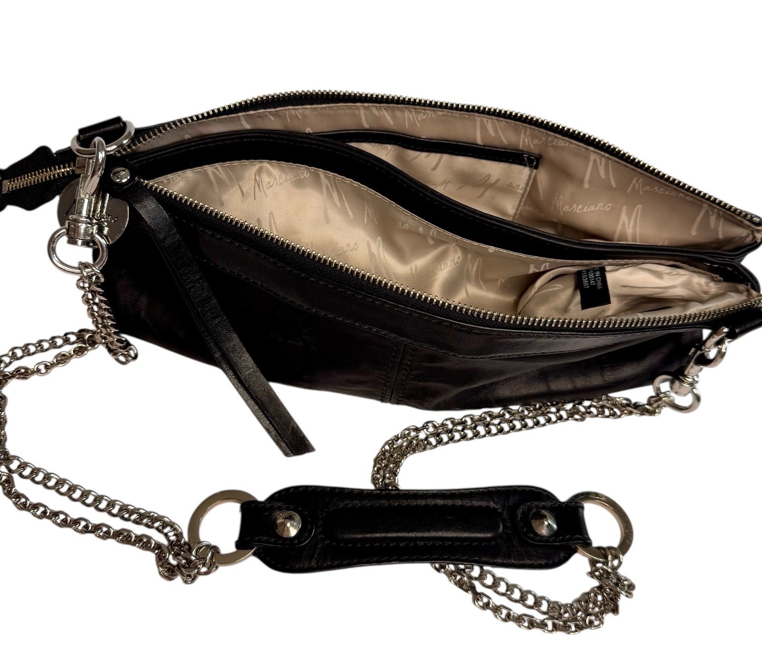 Marciano Black Genuine Leather Clutch Bag/Purse Double Chain Goth Biker Vixen