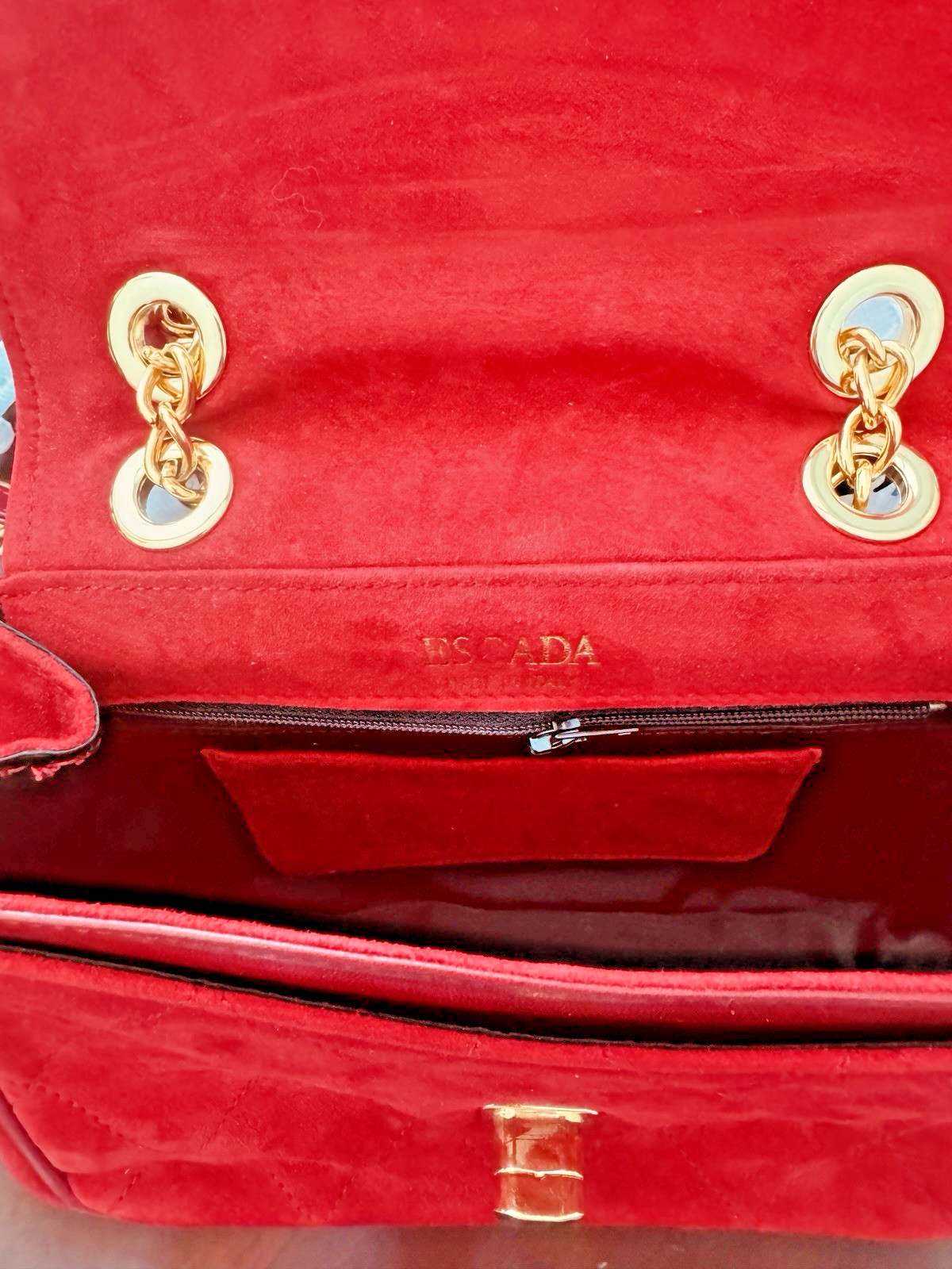 Escada Shoulder Bag ~ Red Suede Bag Gold Tone Hardware ~ Leather Trim Chain Link