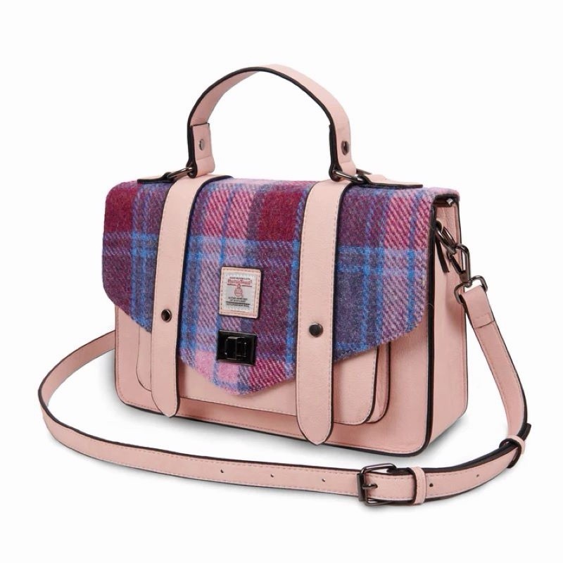 NEW Islander Harris Tweed Pink & Blue Tartan 100% Wool Handwoven Mini Satchel
