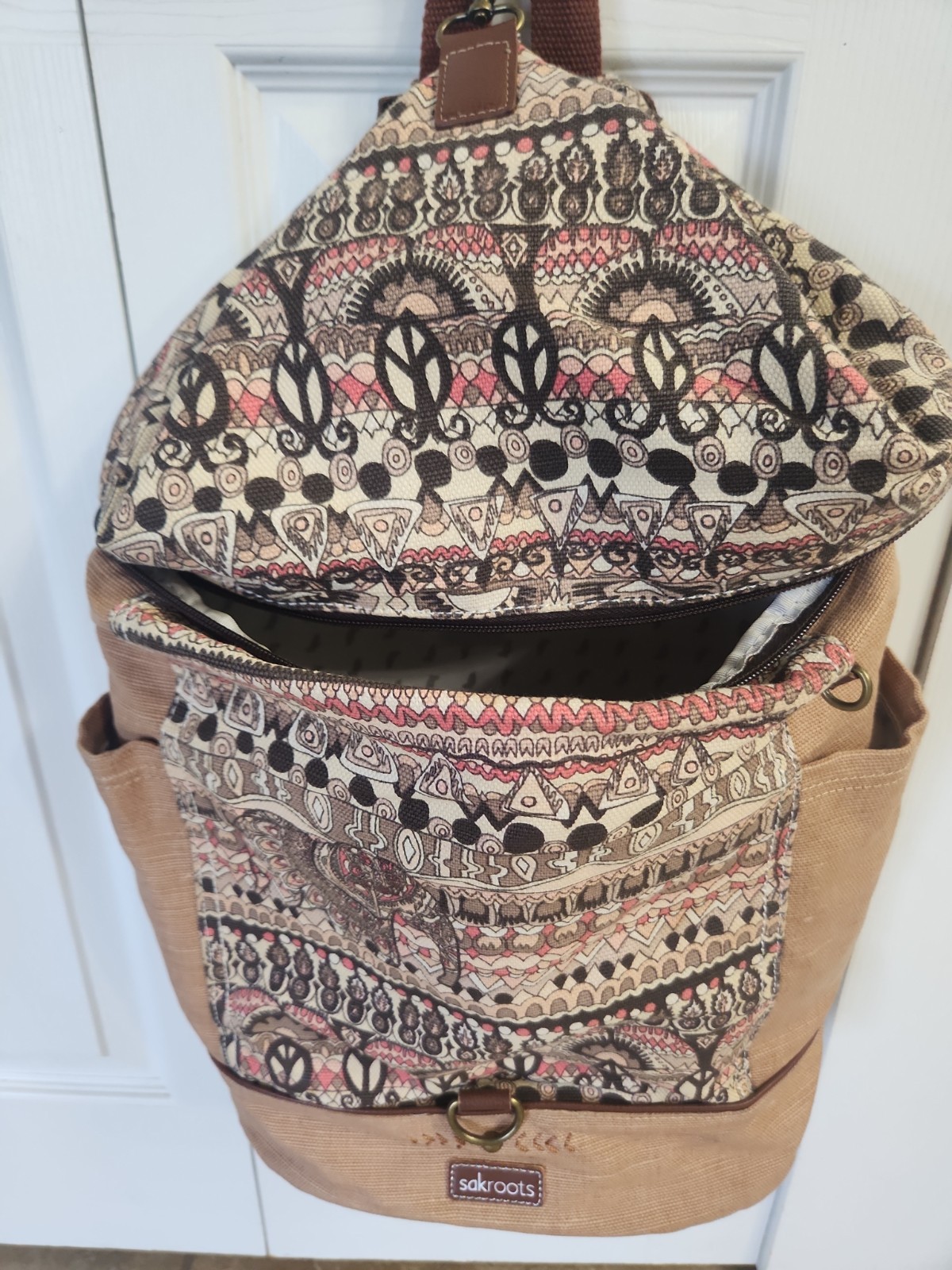 SAKROOTS Large Bucket Backpack Brown One World Peace Print Canvas Boho Bag NICE!
