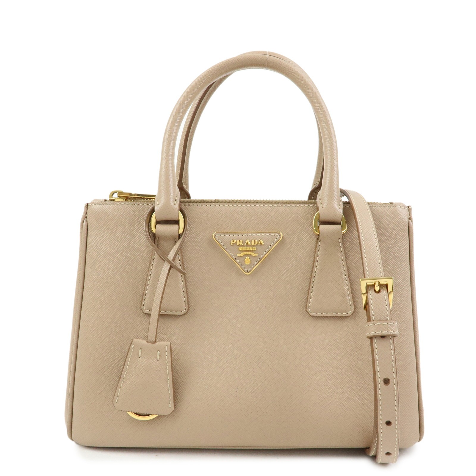 PRADA Triangle Logo Galleria Saffiano Leather 2Way Bag Beige 1BA896 Used F/S