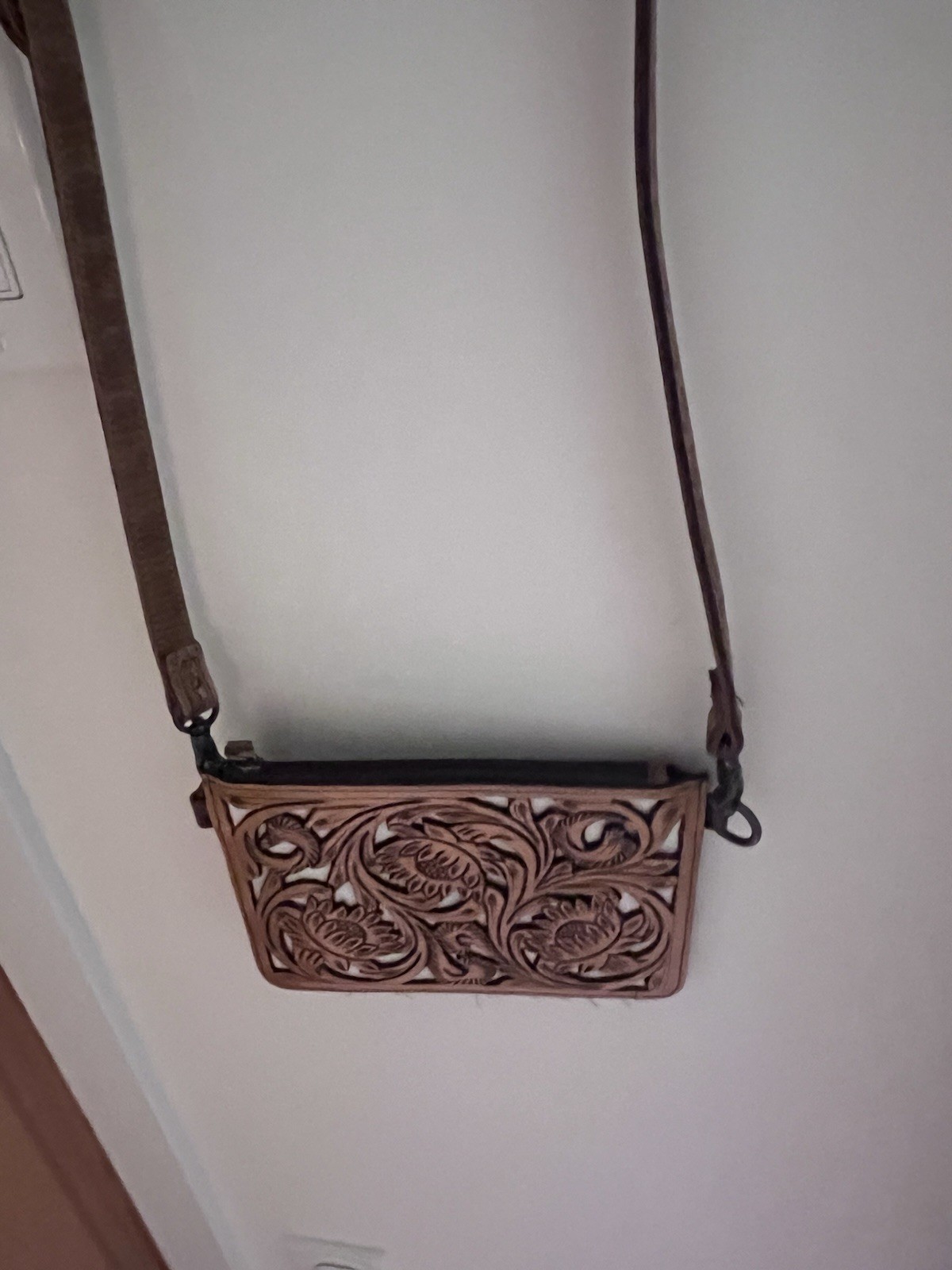 Brown Floral Tooled Embossed Western Crossbody Bag Zip Adjustable Strap