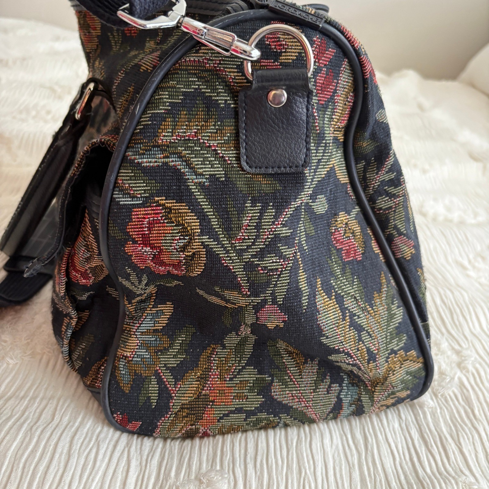 Jordache Floral Tapestry Weekender Bag Black Vtg Multi Travel Duffel Carry On