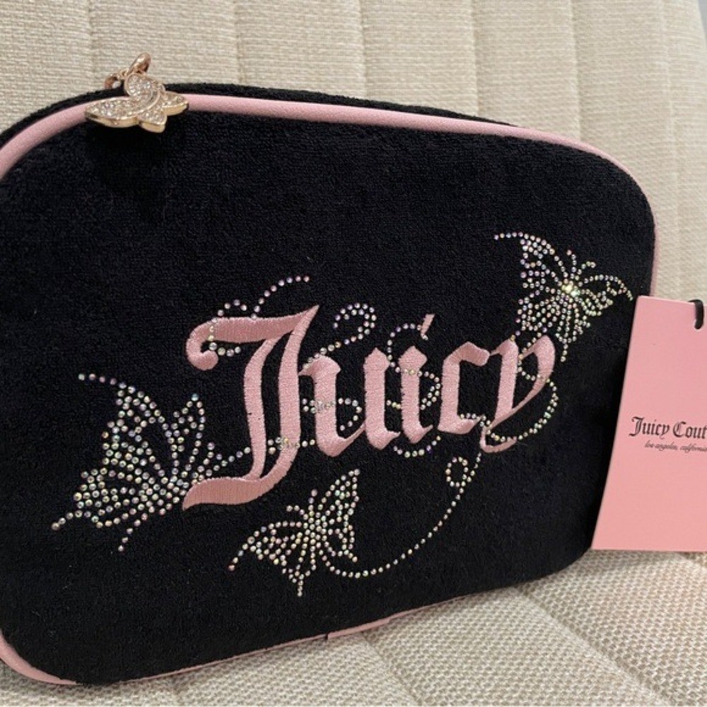 NEW Juicy Couture Black Terry Butterfly Rhinestone Camera Bag Crossbody Pink