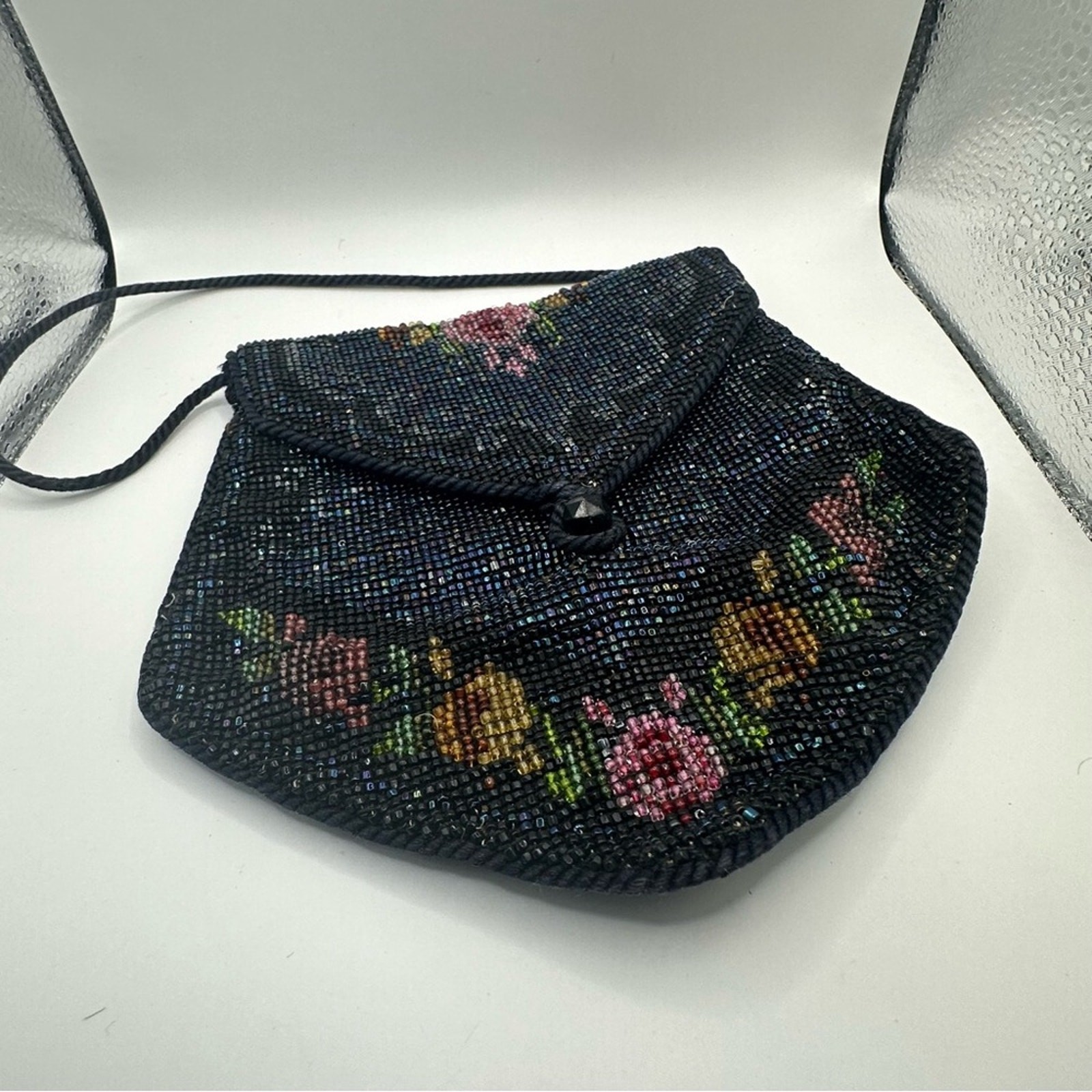 Vintage Retro style Fabric Beaded Black & Floral Evening Handbag VTG Retro 1950s