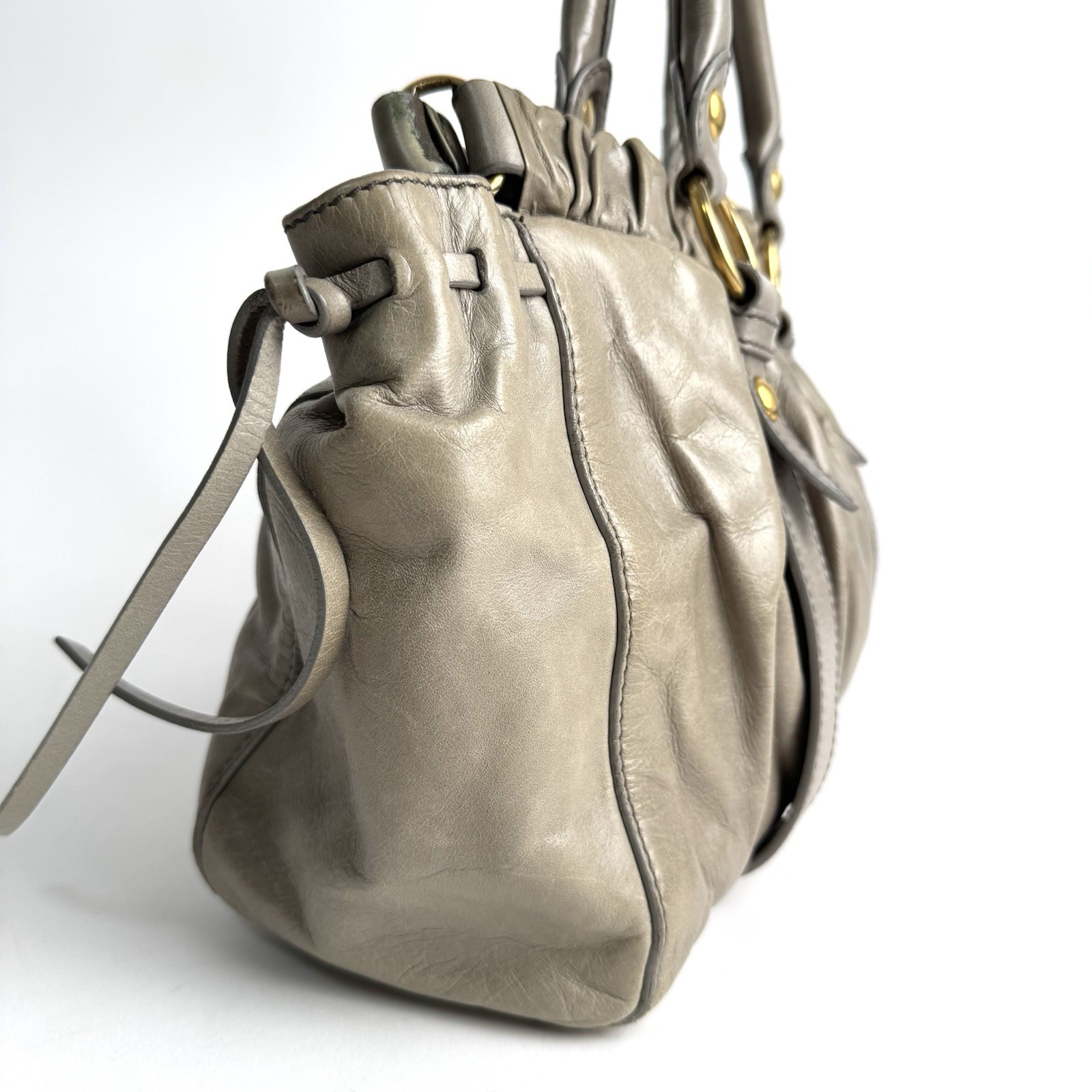 Miu Miu Vitello Lux 2Way Handbag Shoulder Bag Gray Greige Leather Auth Y2K e107